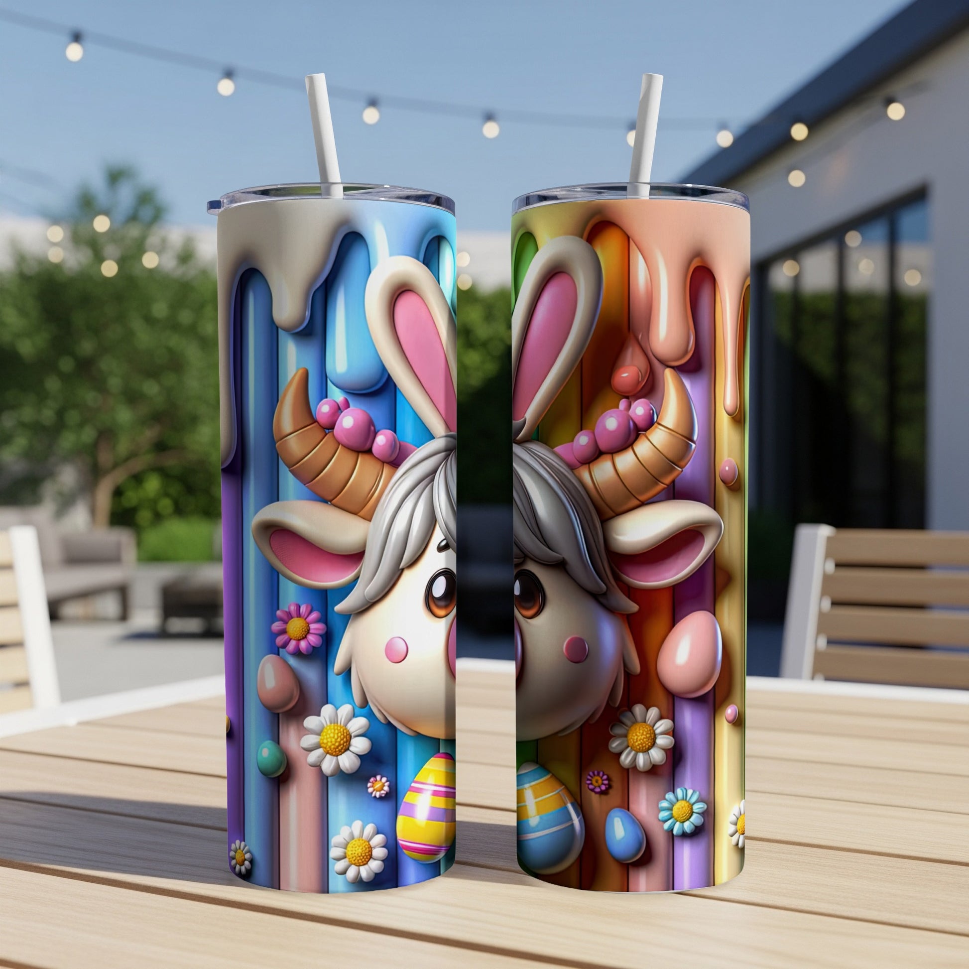 Two Easter-themed tumblers with pastel drips and a cow face design.