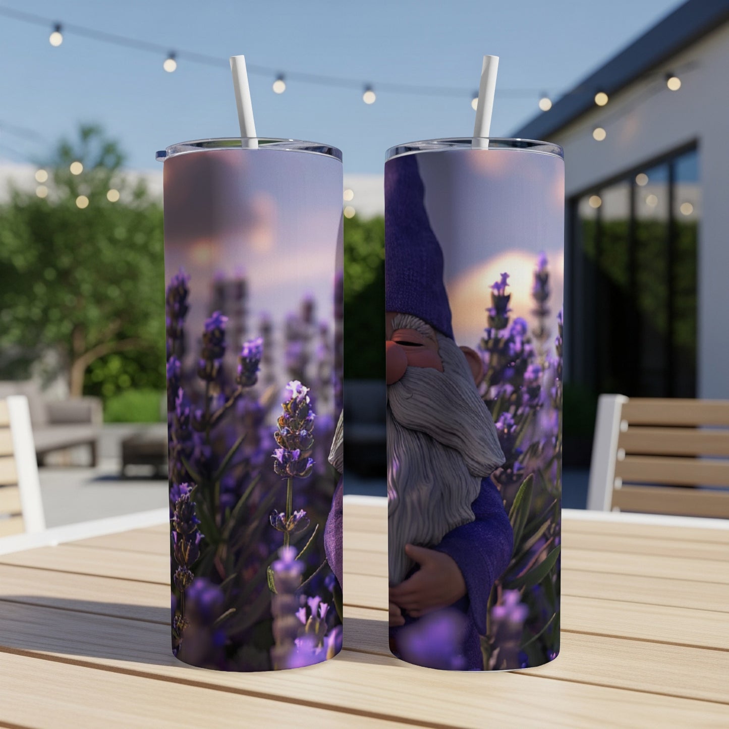 Gnome peeking from lavender field with purple hat and white straw.