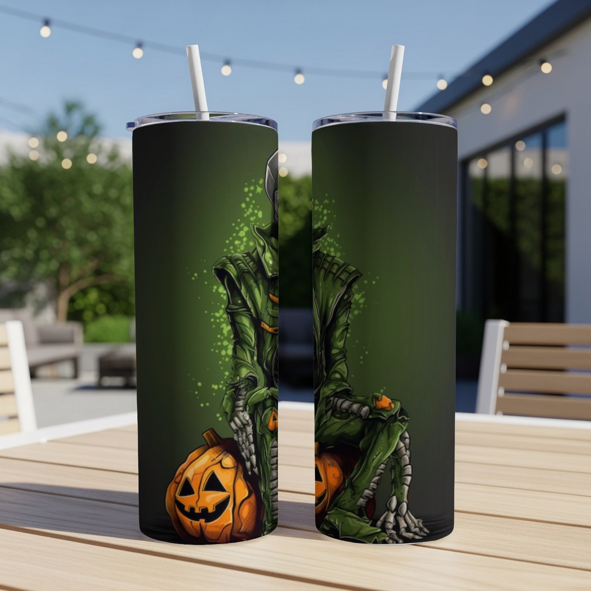 Two tumblers feature a skeleton figure in a green costume sitting on pumpkins.