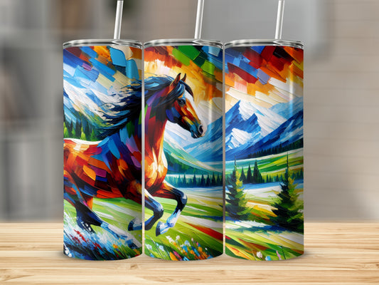 Triptych of colorful painted horses running through a vibrant landscape.