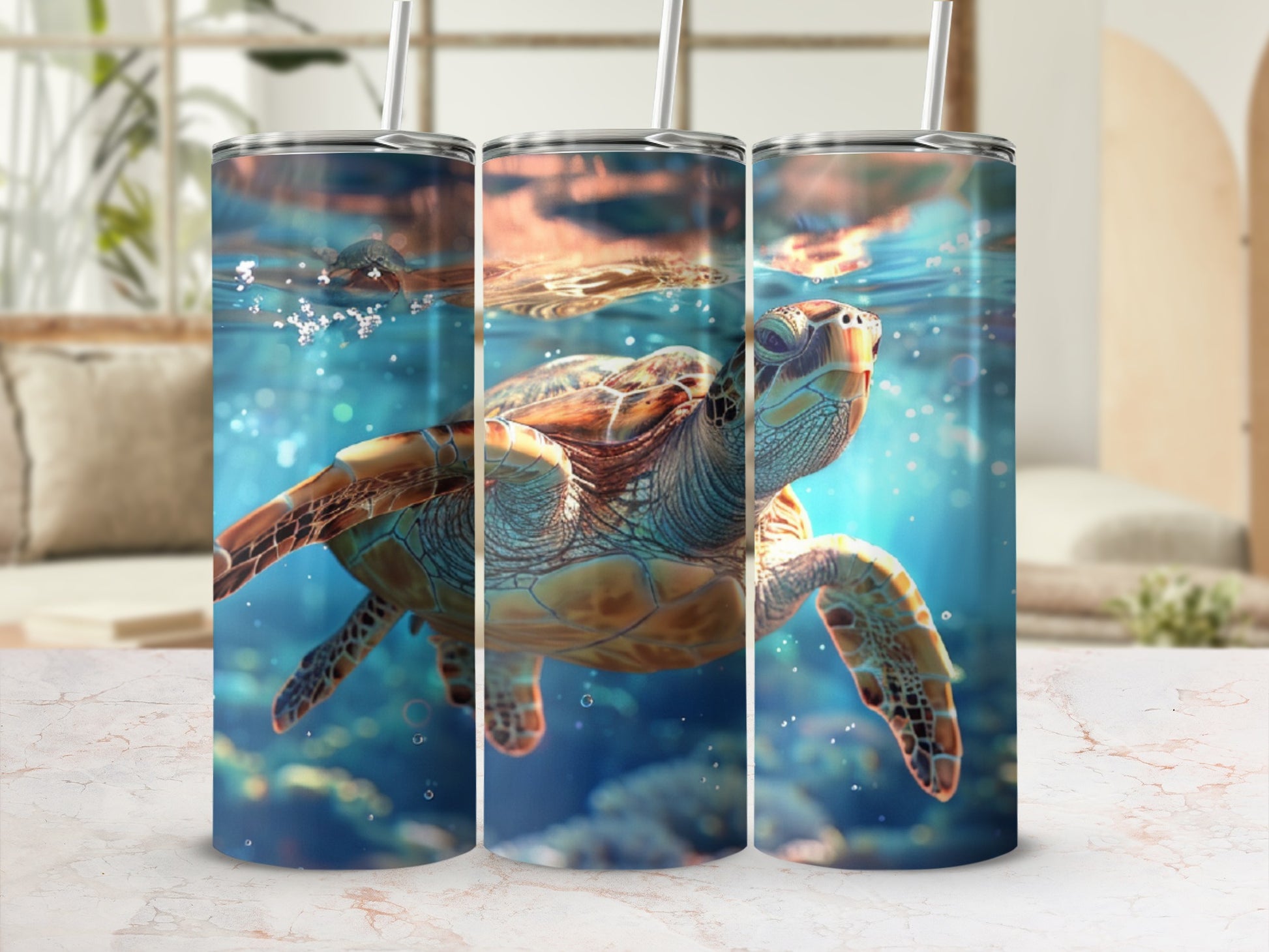 Sea turtle swims underwater with bubbles and dappled sunlight.