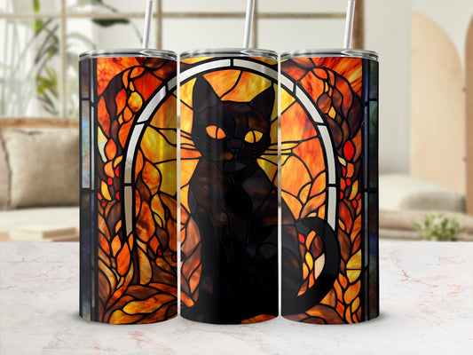 Black cat silhouette with stained glass sunset background on three tumblers.
