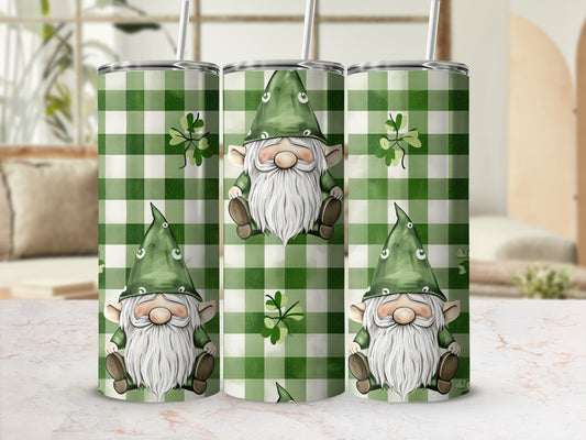 Green plaid tumbler with cartoon gnome and shamrock designs.