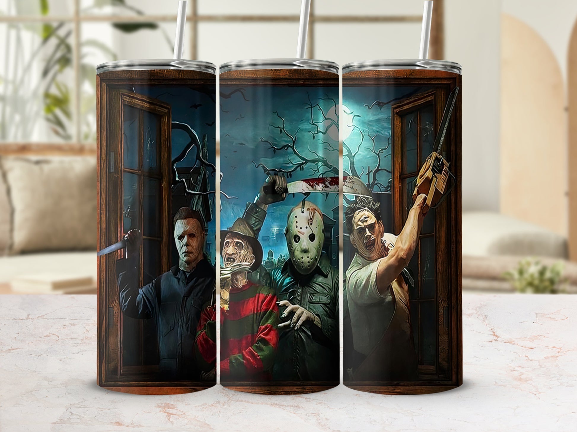 Tumbler with horror characters Michael Myers, Freddy Krueger, Jason Voorhees, and Leatherface.