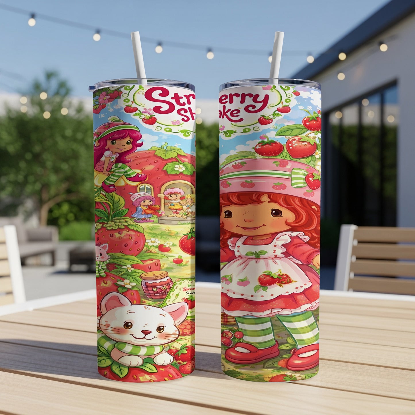 Strawberry Shortcake and friends tumbler with straw on a table.