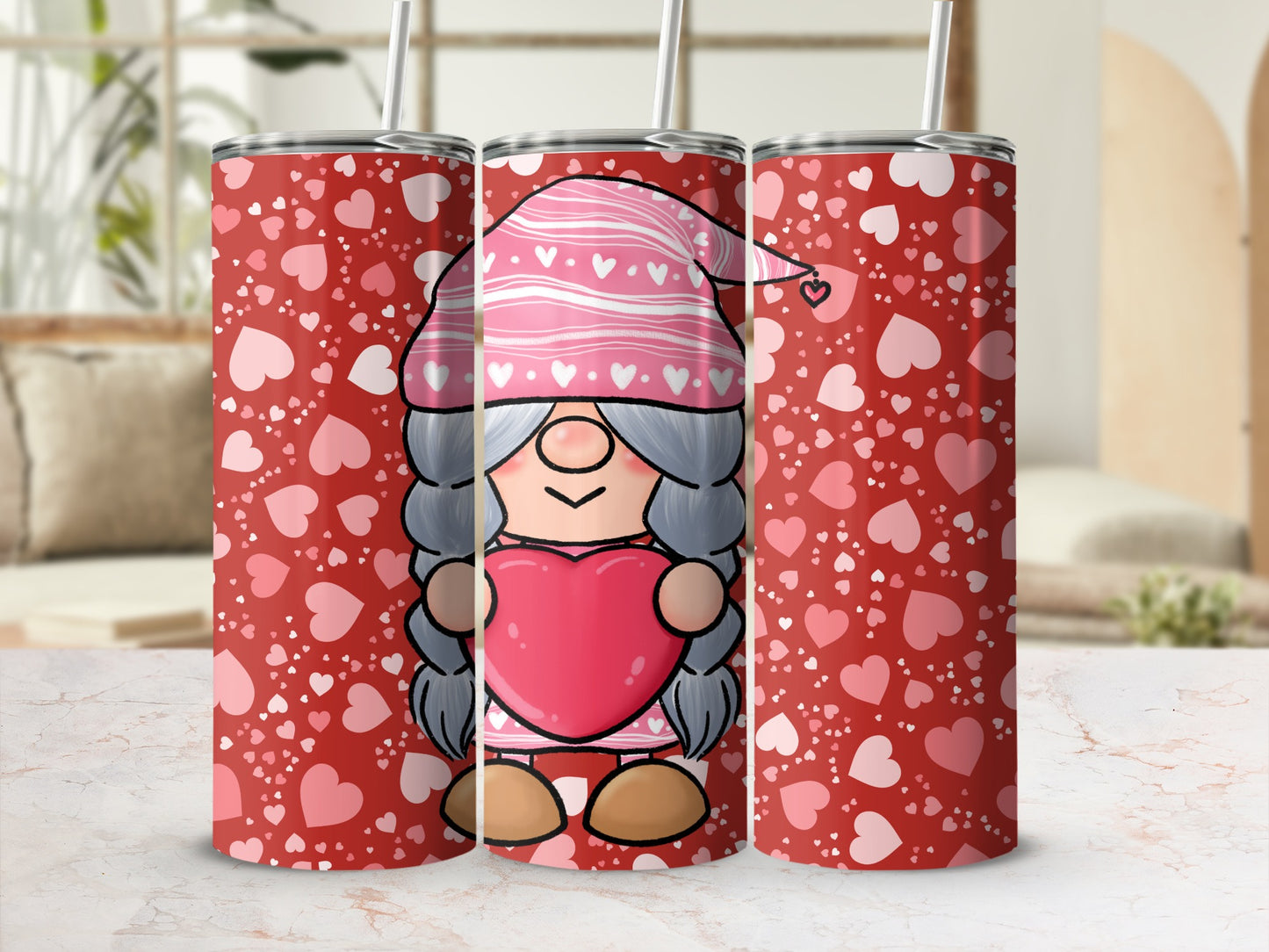 Valentine's Day Gnome Holding Heart Design Tumbler