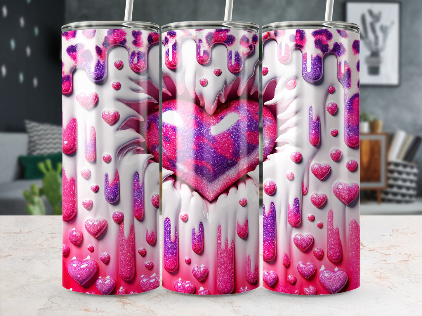 Heart with Pink and Purple Drips Valentine's Day! Glittering Heart Surrounded Love in Pink Purple Tumblers