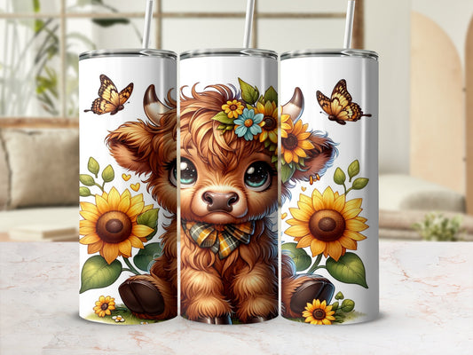 Cute Highland Cow and Sunflowers Design Tumbler