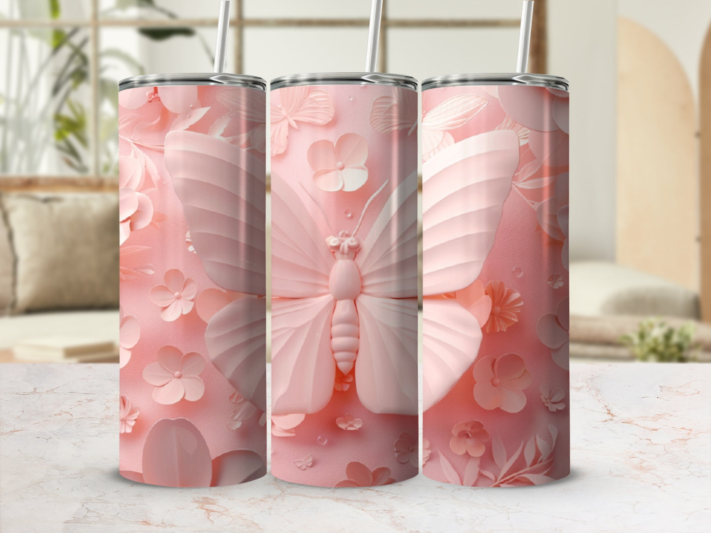 Pink butterfly and floral embossed 30 oz tumbler with straw.