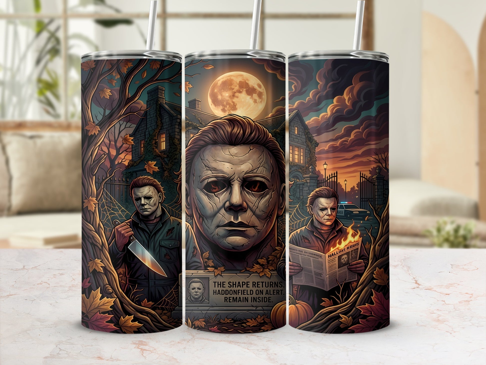 Michael Myers Halloween tumbler with tombstone text: "The Shape Returns. Haddonfield on alert. Remain inside."