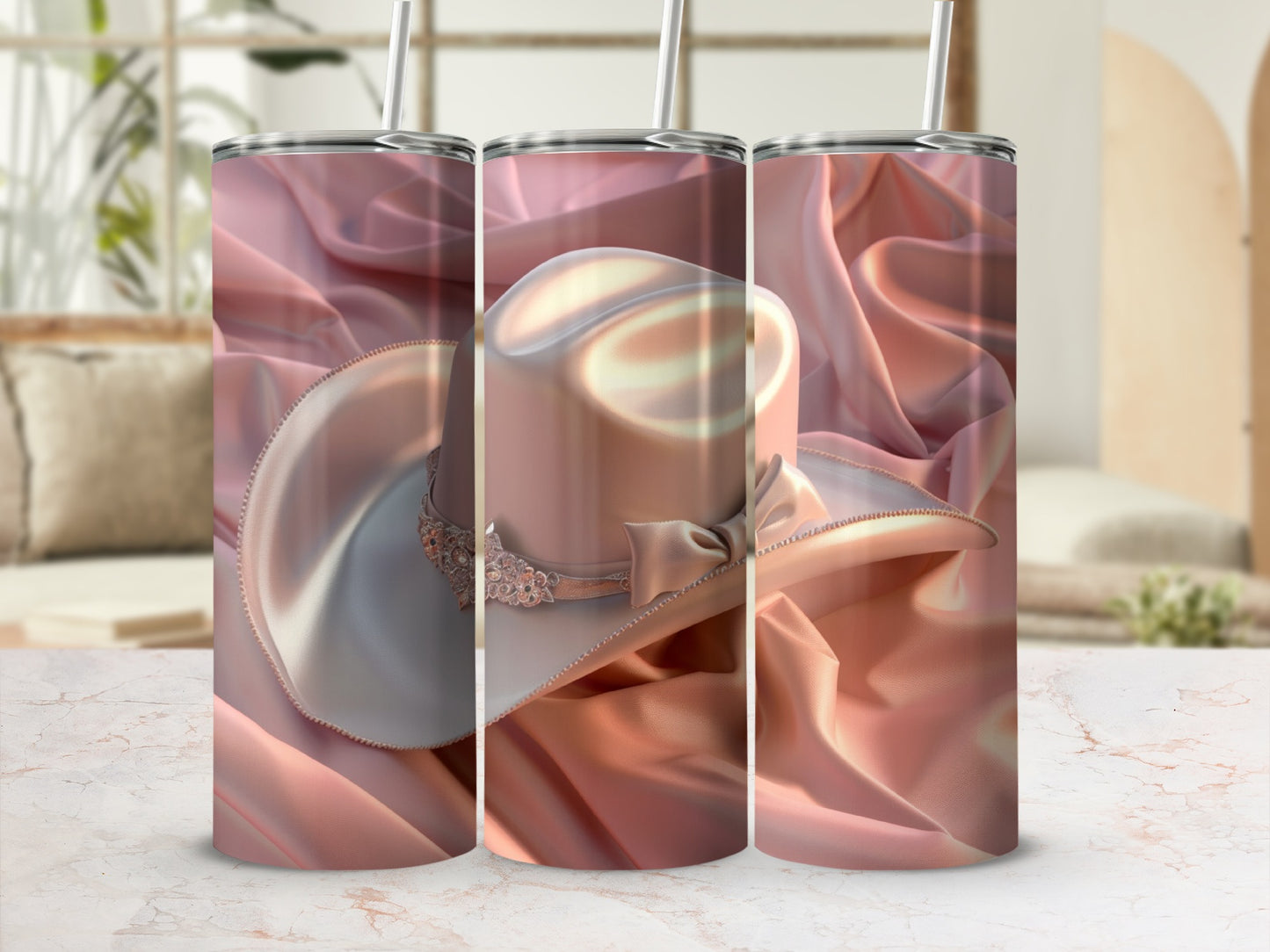 Pink cowboy hat tumbler with subtle floral and jewel embellishments.