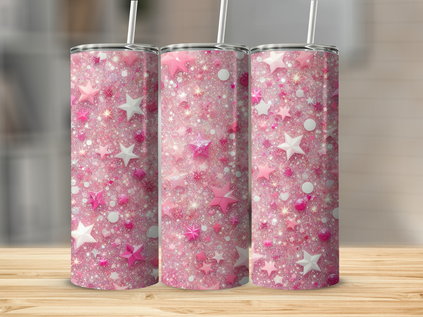 Pink glitter tumbler with stars and sparkles.