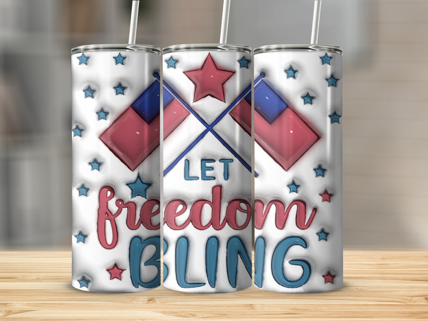 Tumbler with "Let Freedom Bling" text and patriotic stars and flags.