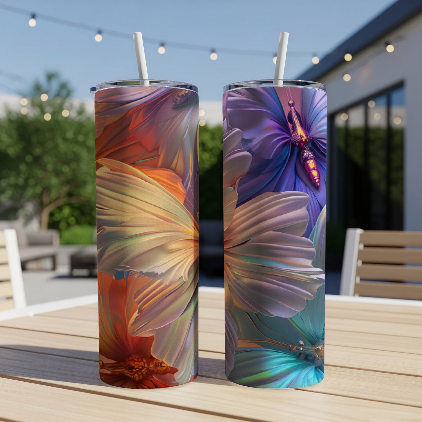 Two tumblers featuring vibrant floral and butterfly designs on a table.