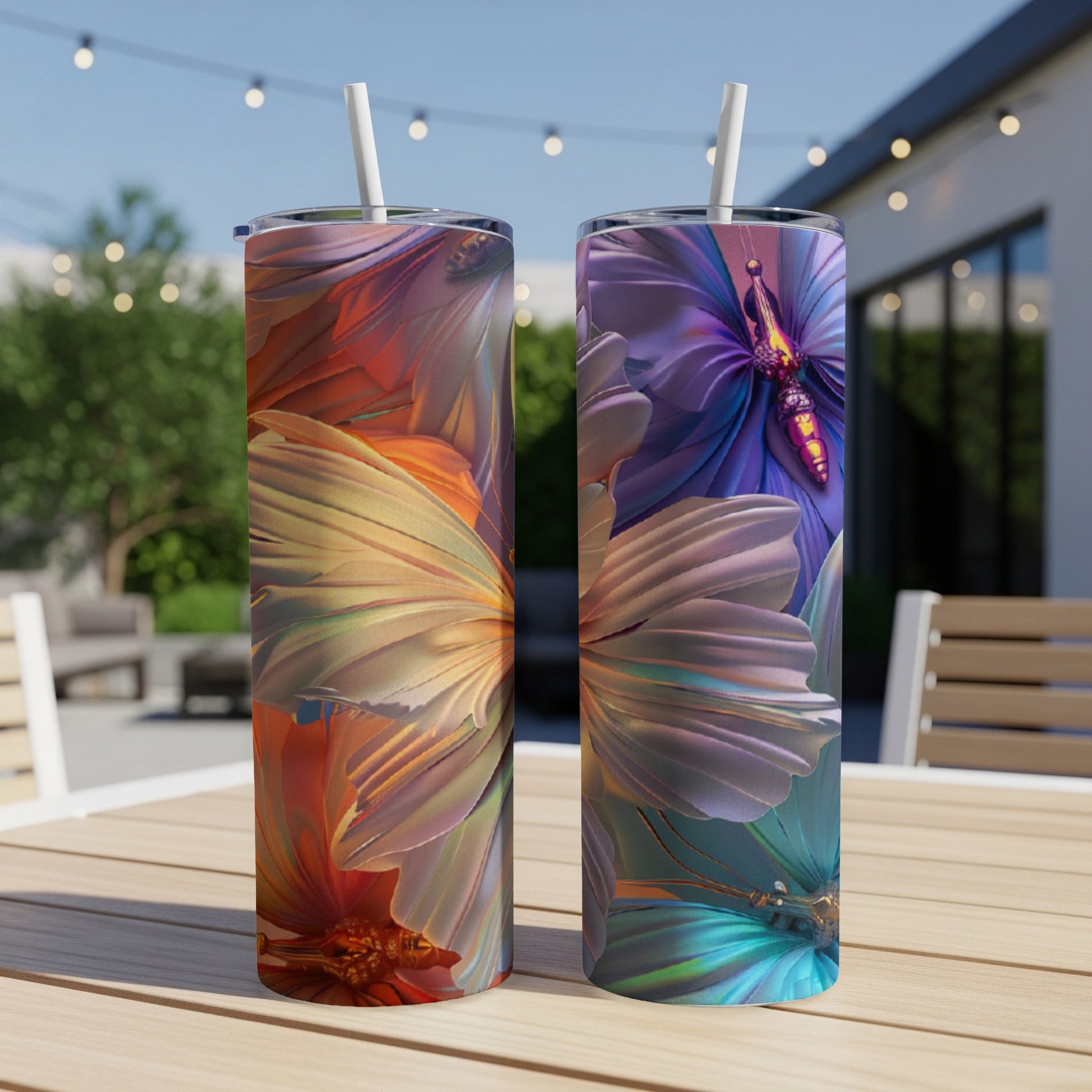 Two tumblers featuring vibrant floral and butterfly designs on a table.