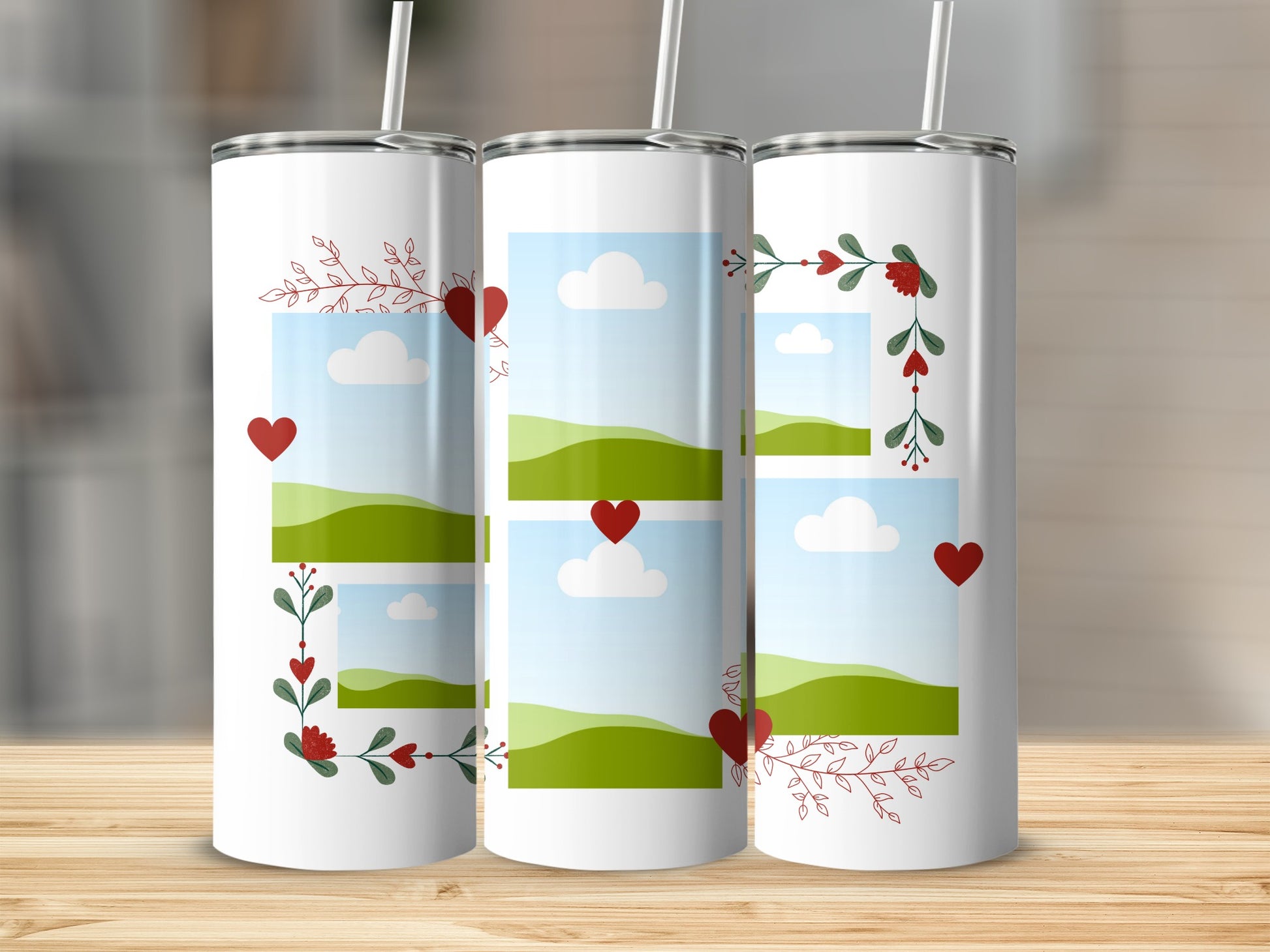 Three white tumblers with photo collage frames, red hearts, and leafy vine designs.