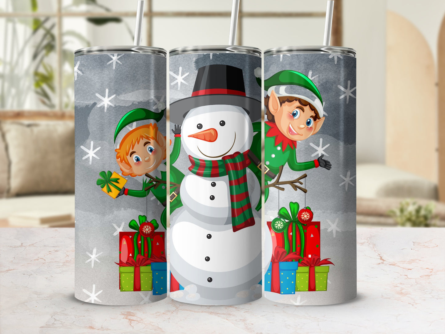Festive Snowman and Elves Holiday Tumbler with Straw
