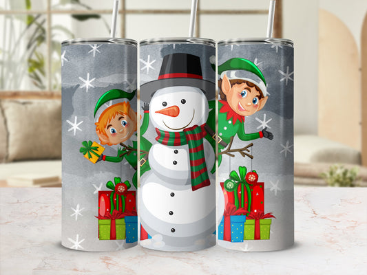 Festive Snowman and Elves Holiday Tumbler with Straw