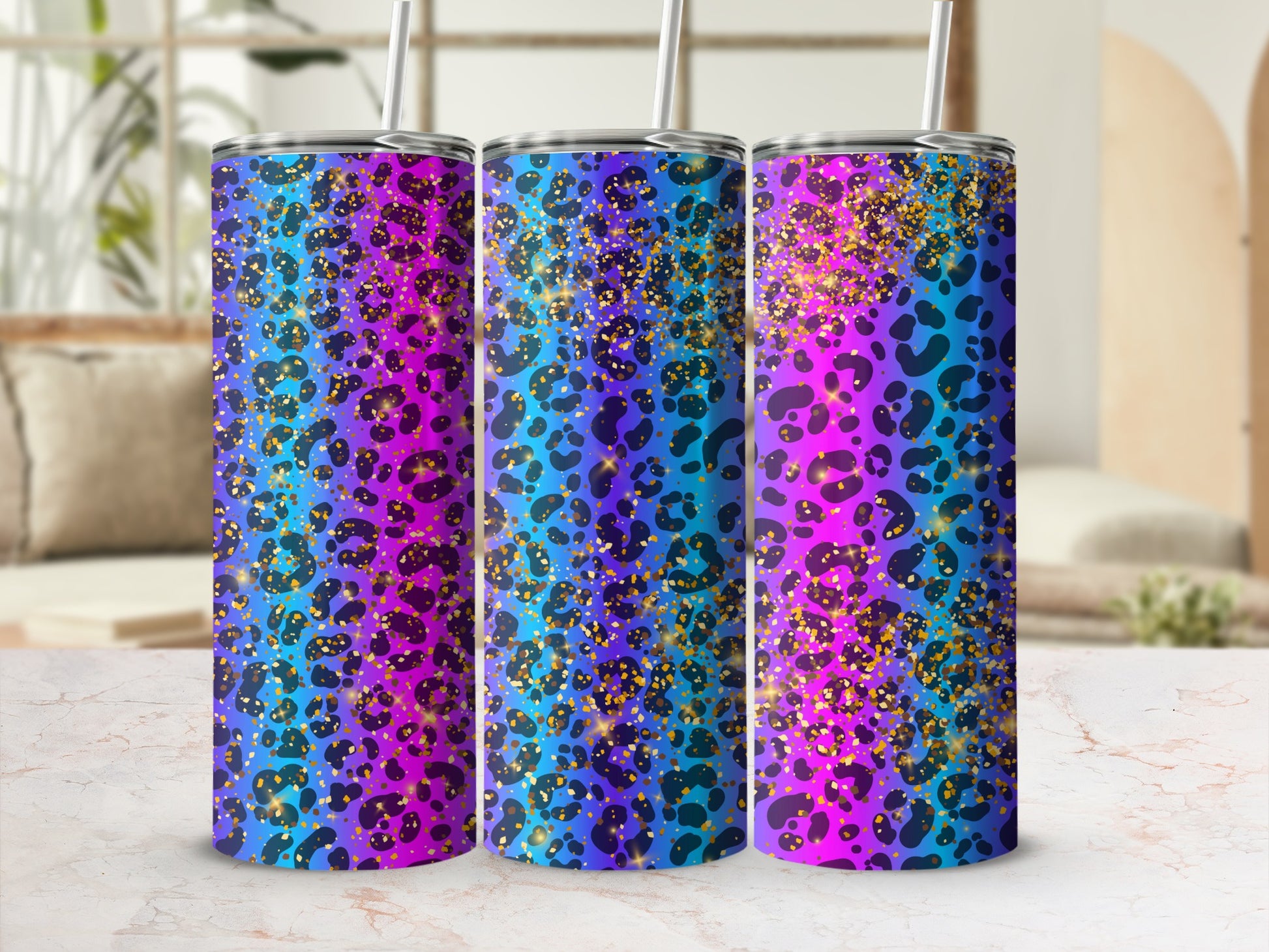 Glitter Leopard Print Tumbler Vibrant Animal Pattern Flask