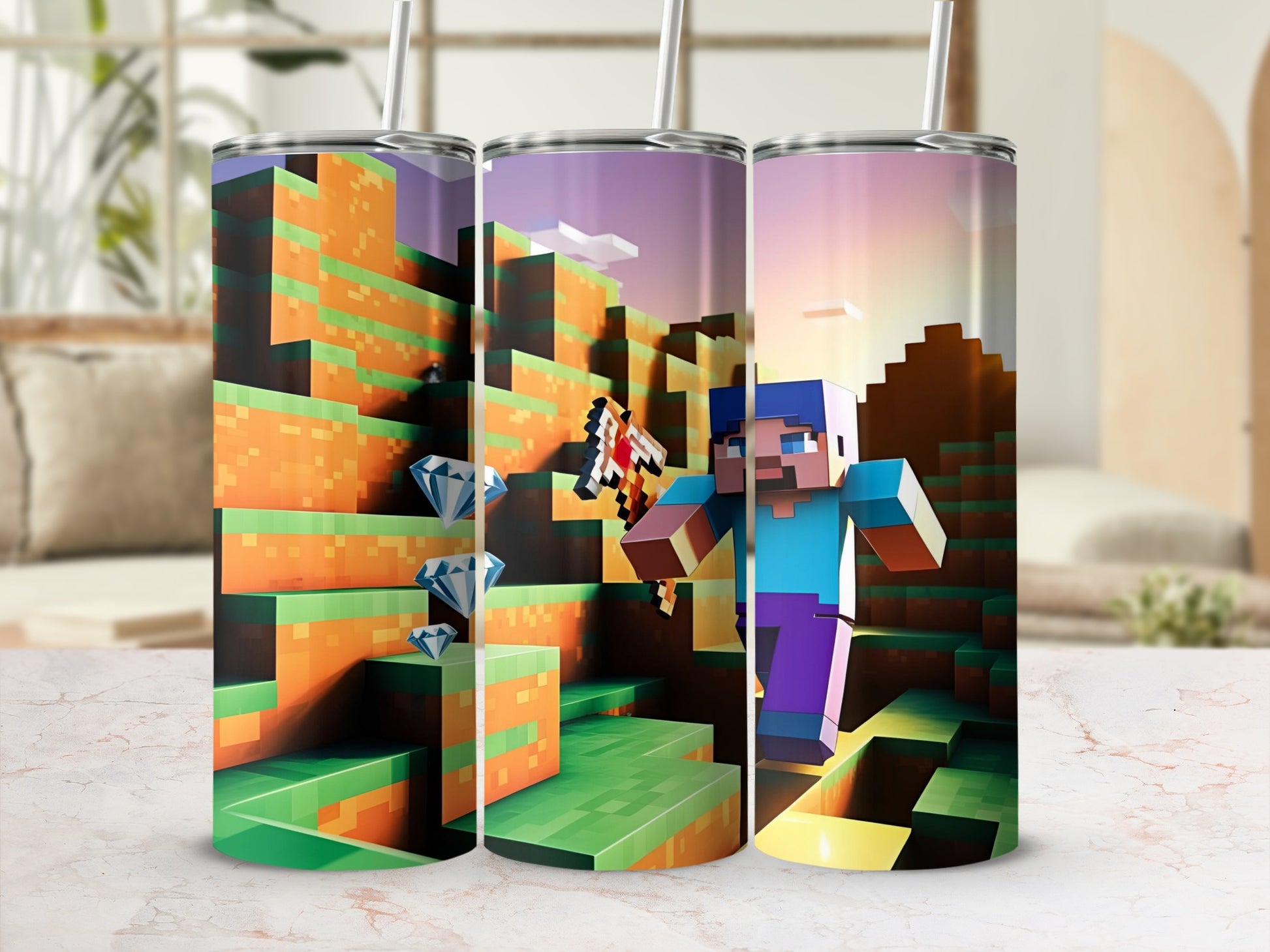 Minecraft character running through a pixelated landscape with diamonds.