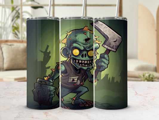 Zombie with axe and bloody briefcase on a green background.