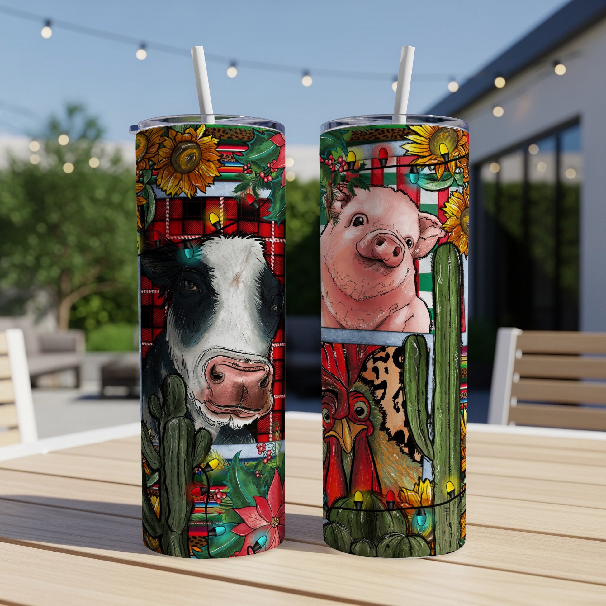 Cow, pig, and rooster tumbler with floral and cactus accents.