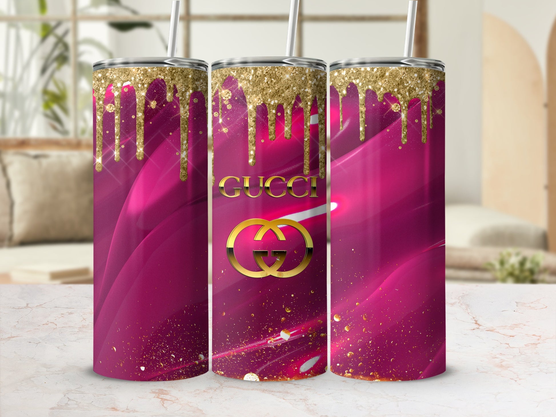 Elegant Gucci Logo Pink and Gold Gradient Tumbler