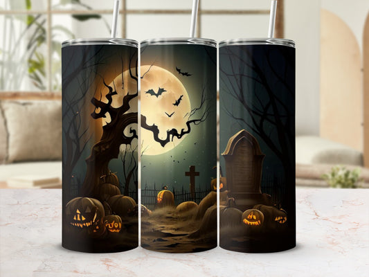 Halloween scene tumbler with jack-o'-lanterns, spooky tree, bats, and tombstone.