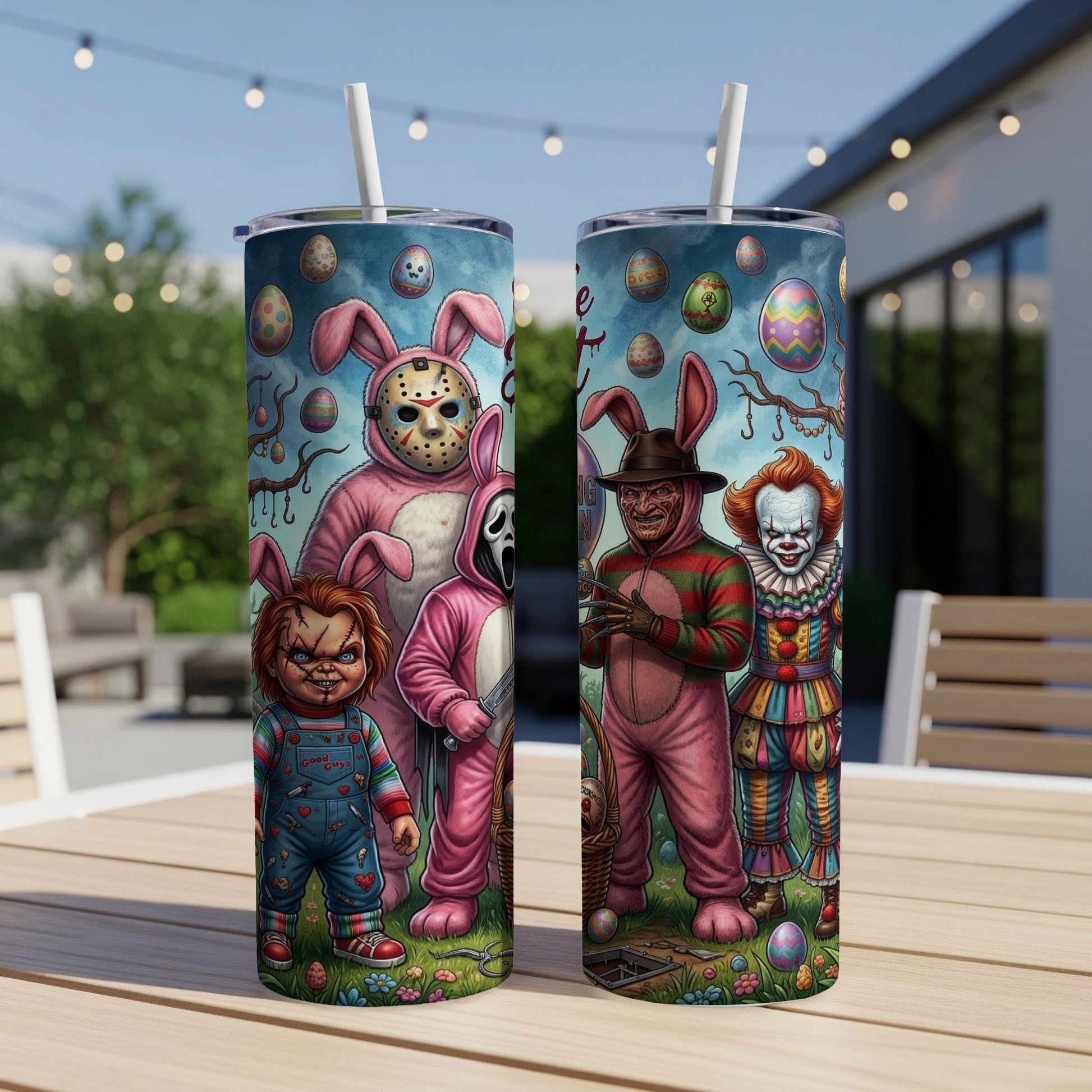 Horror characters in Easter bunny costumes with colorful eggs and a springtime background.