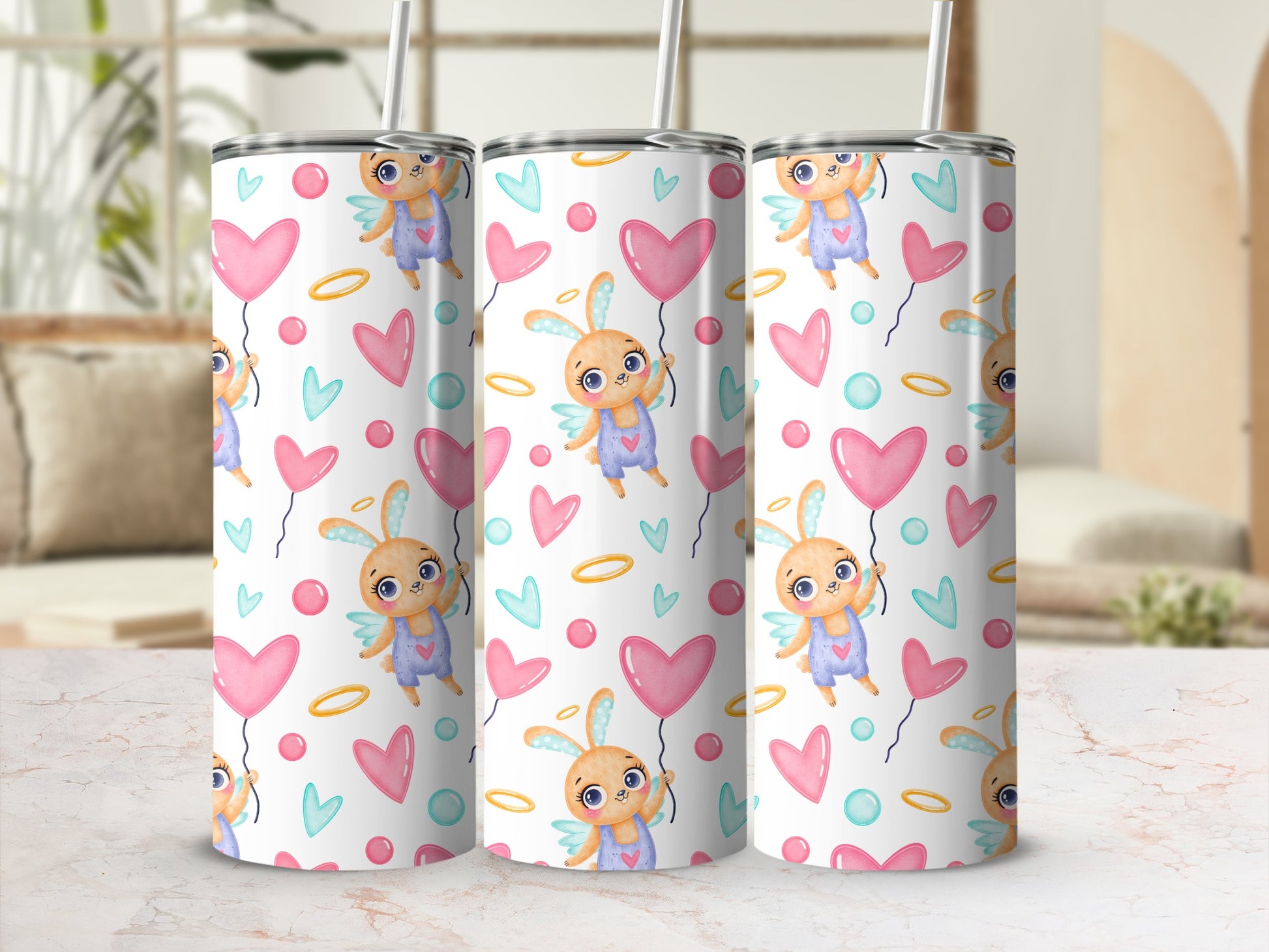 Cute Hearts and Angel Bunny Design Tumbler