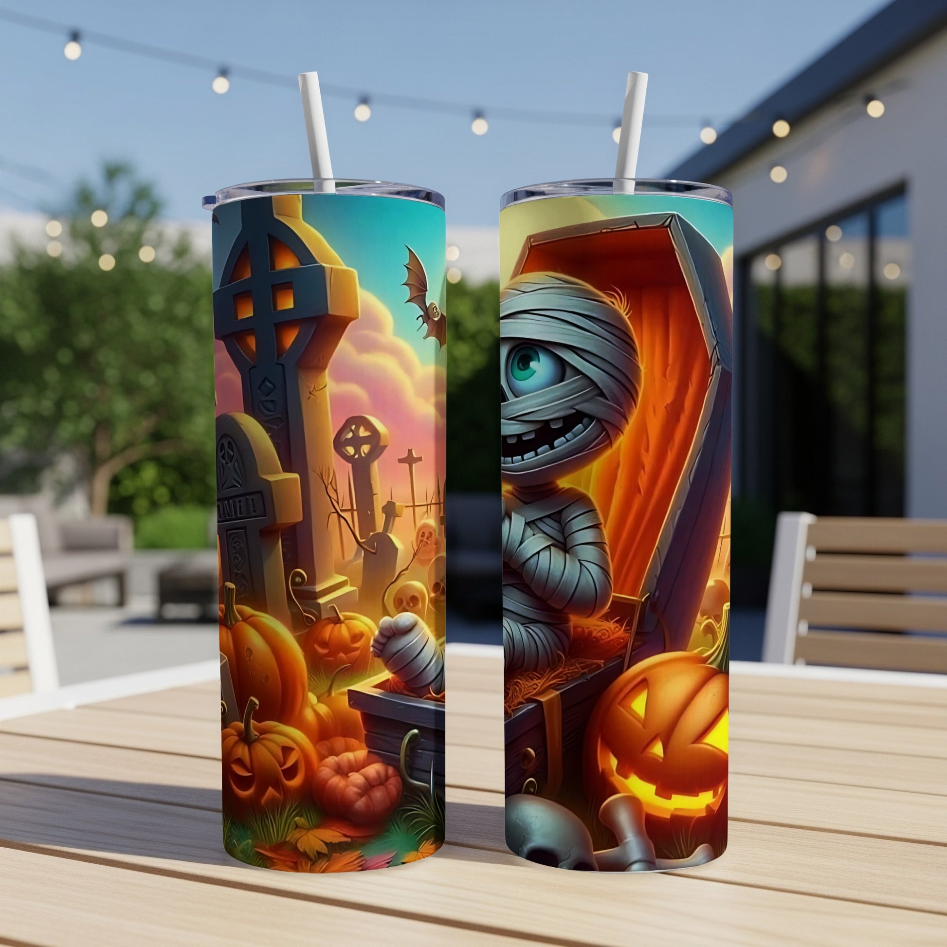 Two tumblers featuring a Halloween graveyard and mummy design with pumpkins.