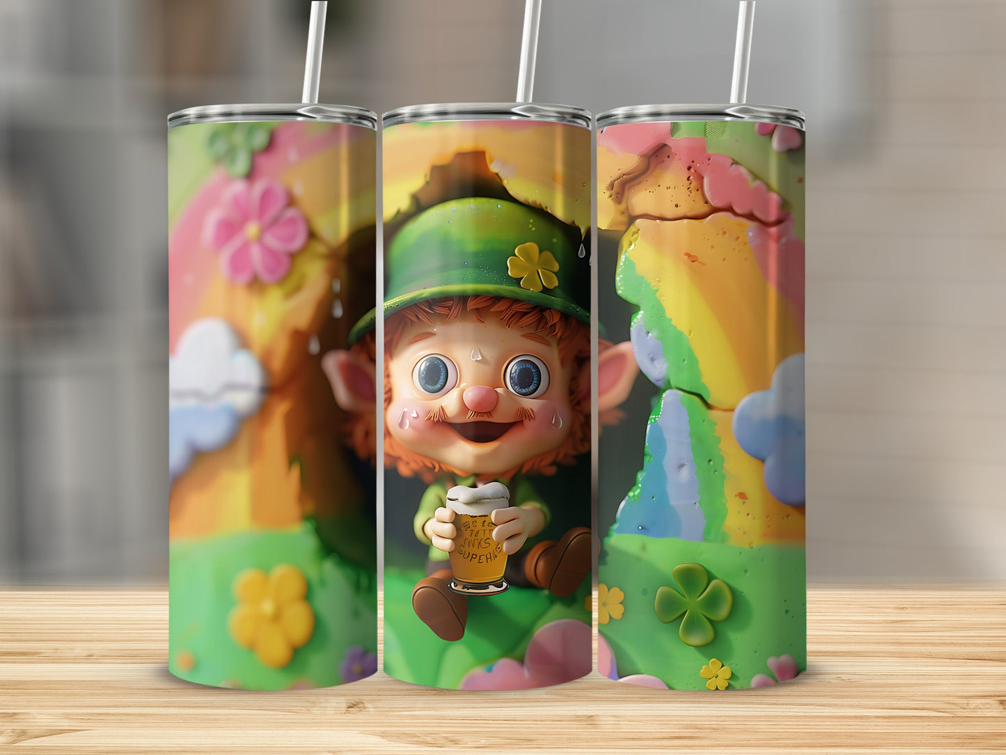 Three tumblers featuring a cartoon leprechaun holding a beer with a rainbow background.