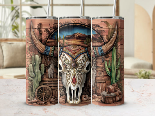 Desert skull and cactus graphic on a wooden-textured tumbler.