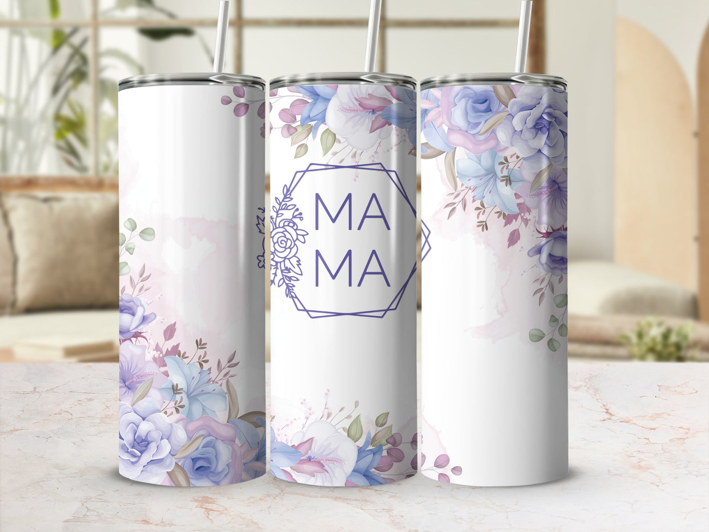 White tumbler with purple and blue flowers and "Mama" text.