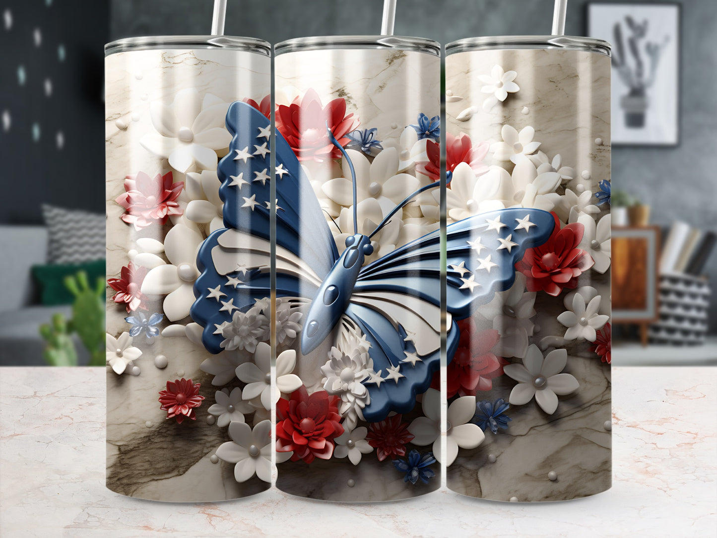 Butterfly tumbler with floral and marble design.