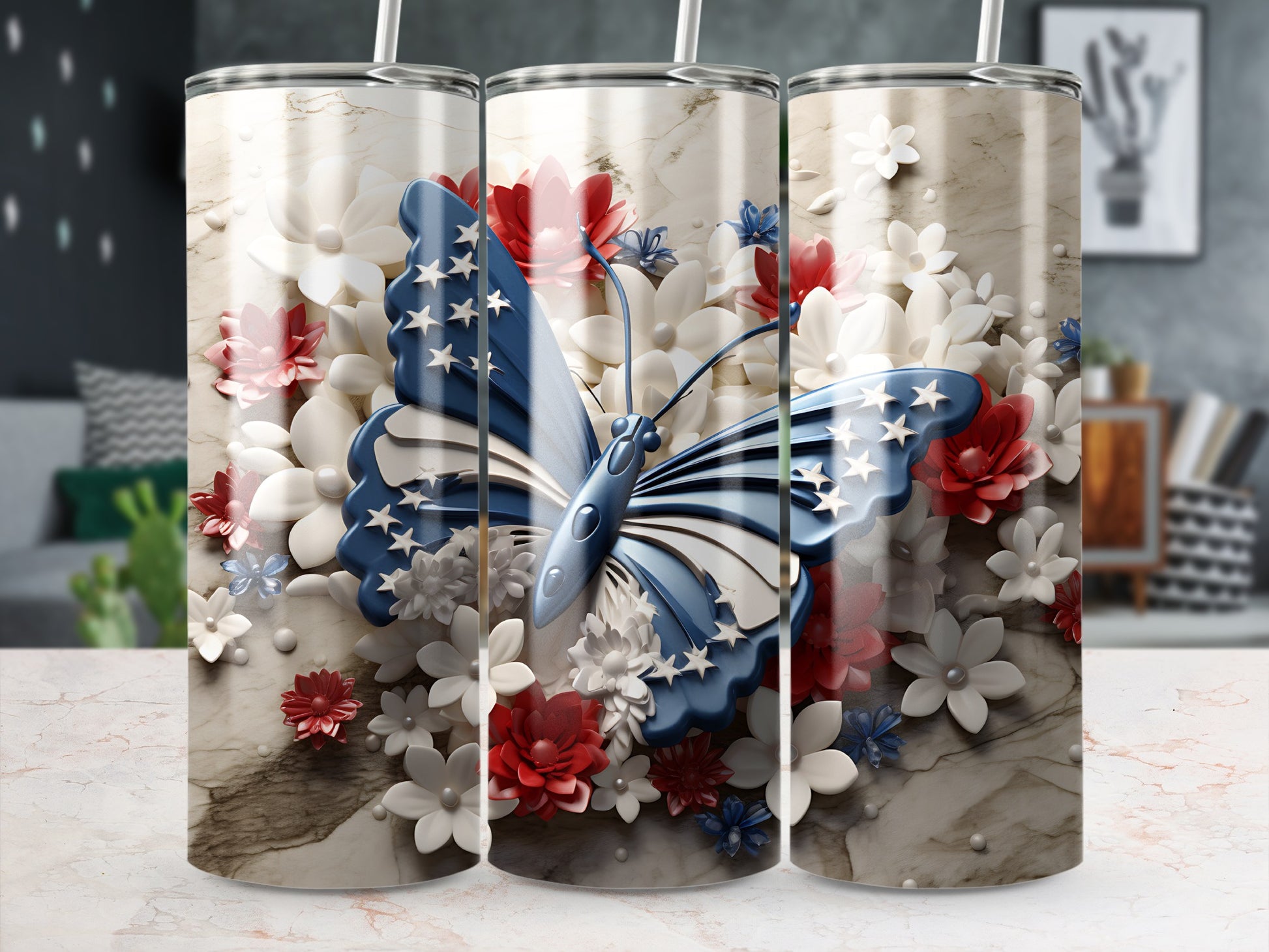 Butterfly tumbler with floral and marble design.