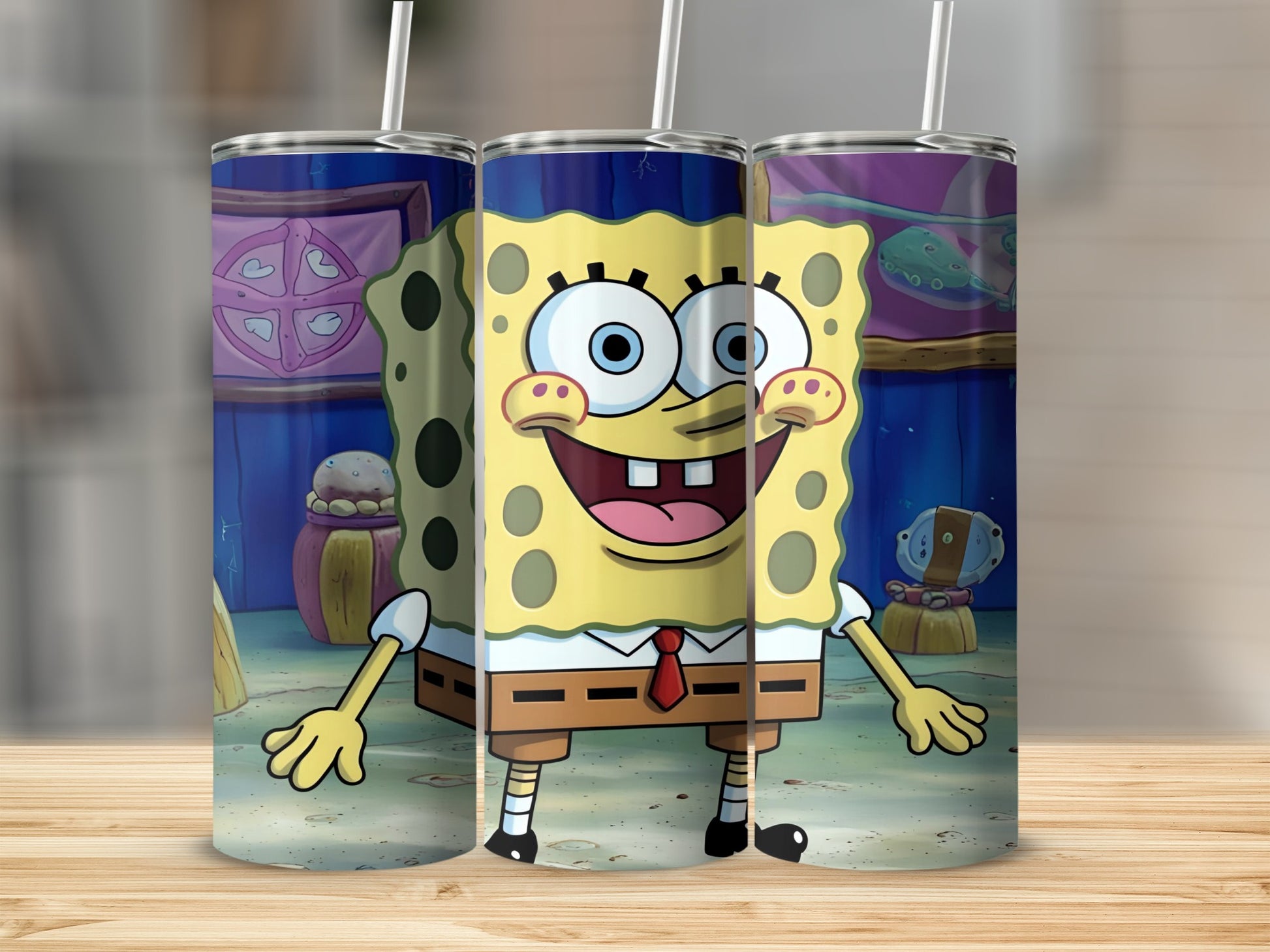 SpongeBob SquarePants character on a tumbler with a straw.
