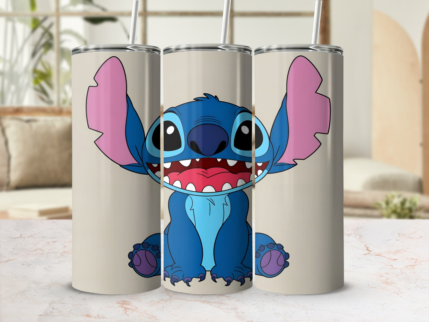 Three beige tumblers with Stitch character design, white straws.