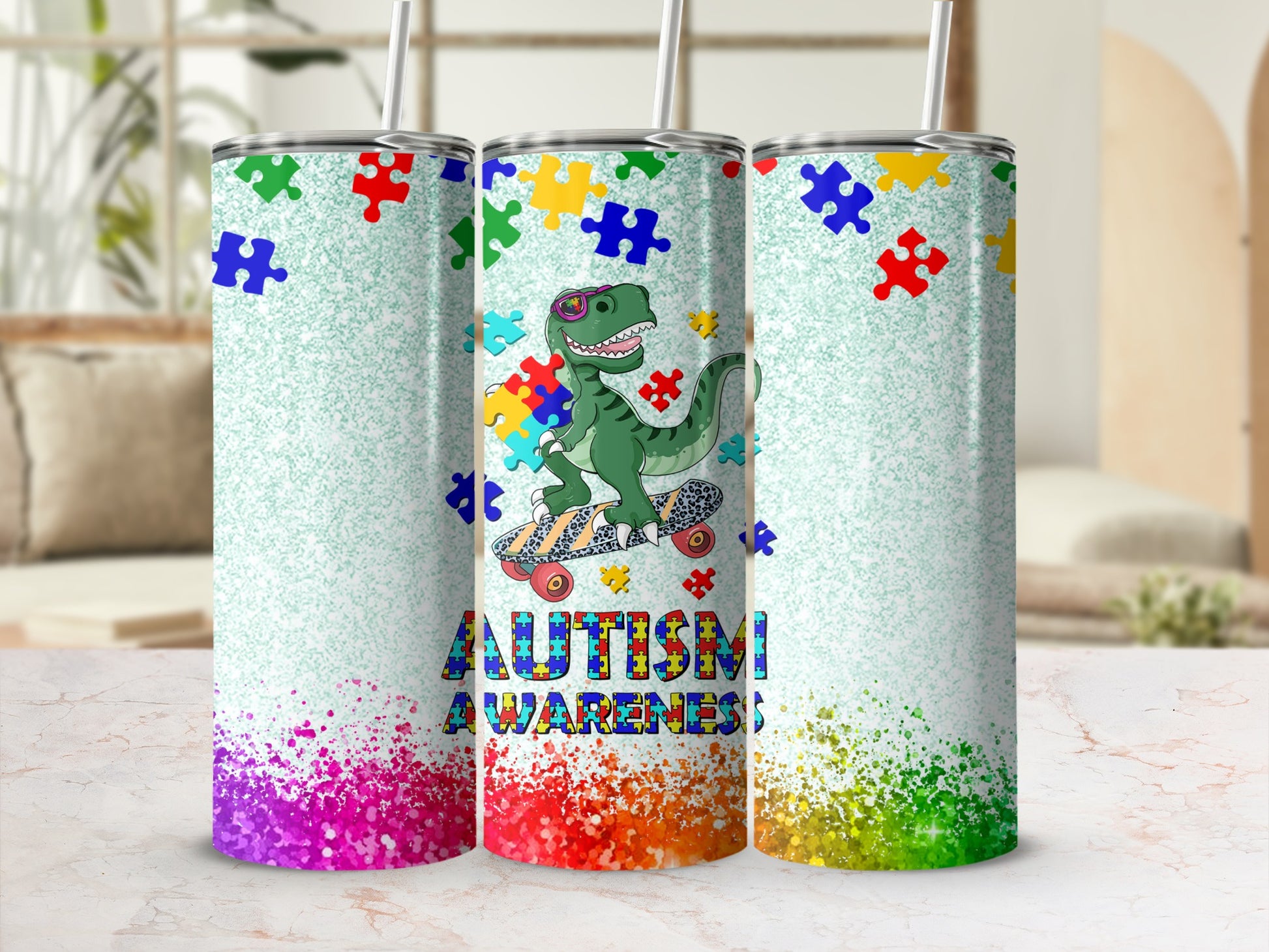 Triceratops character on skateboard with "Autism Awareness" text and puzzle pieces.