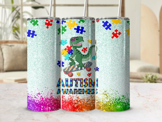 Triceratops character on skateboard with "Autism Awareness" text and puzzle pieces.