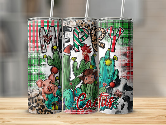 Three tumblers with festive Christmas cactus designs.