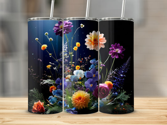 Three tumblers featuring colorful floral arrangements against a dark background.