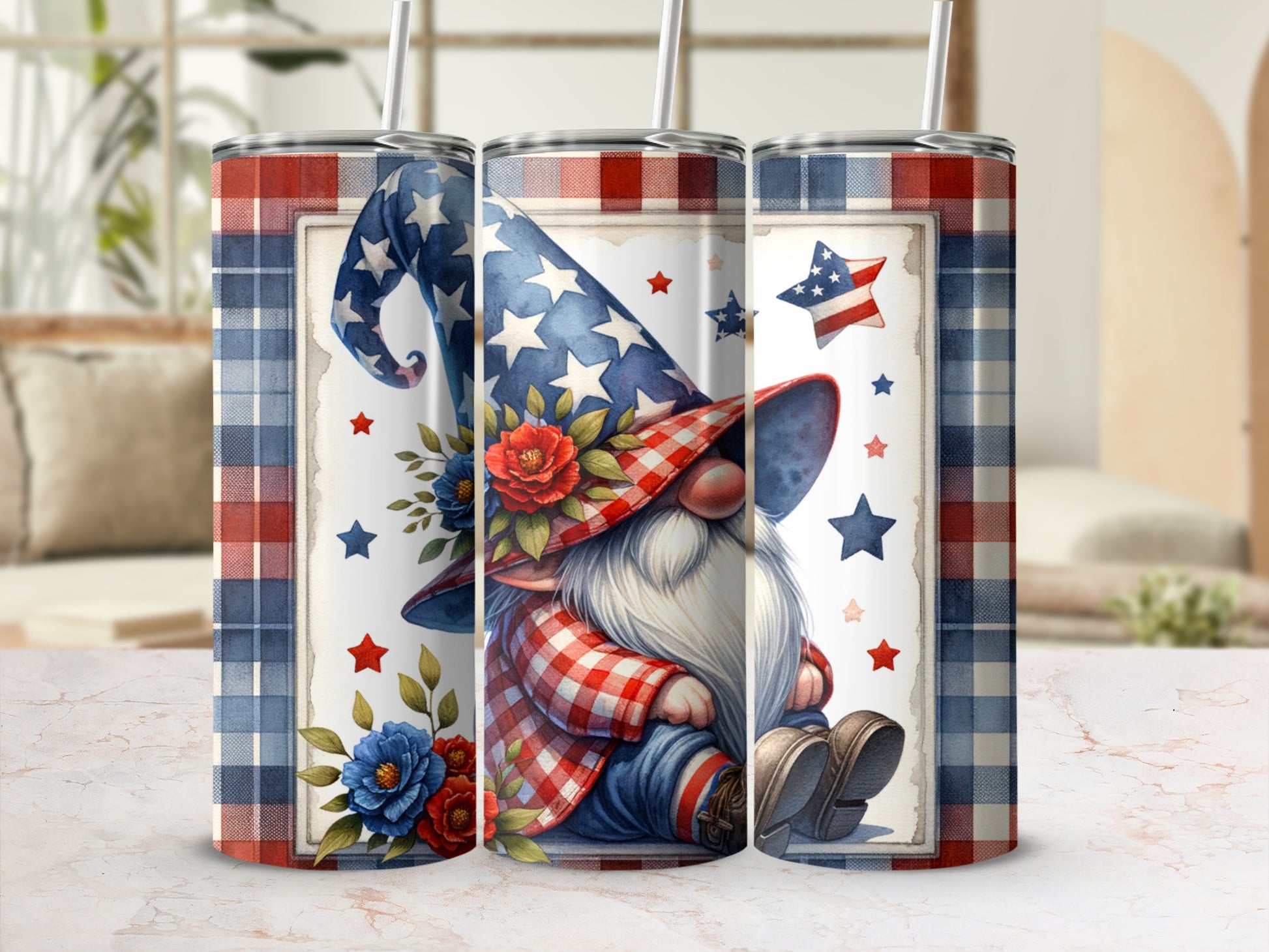 Tumbling tumbler with patriotic gnome, red plaid, and blue stars.