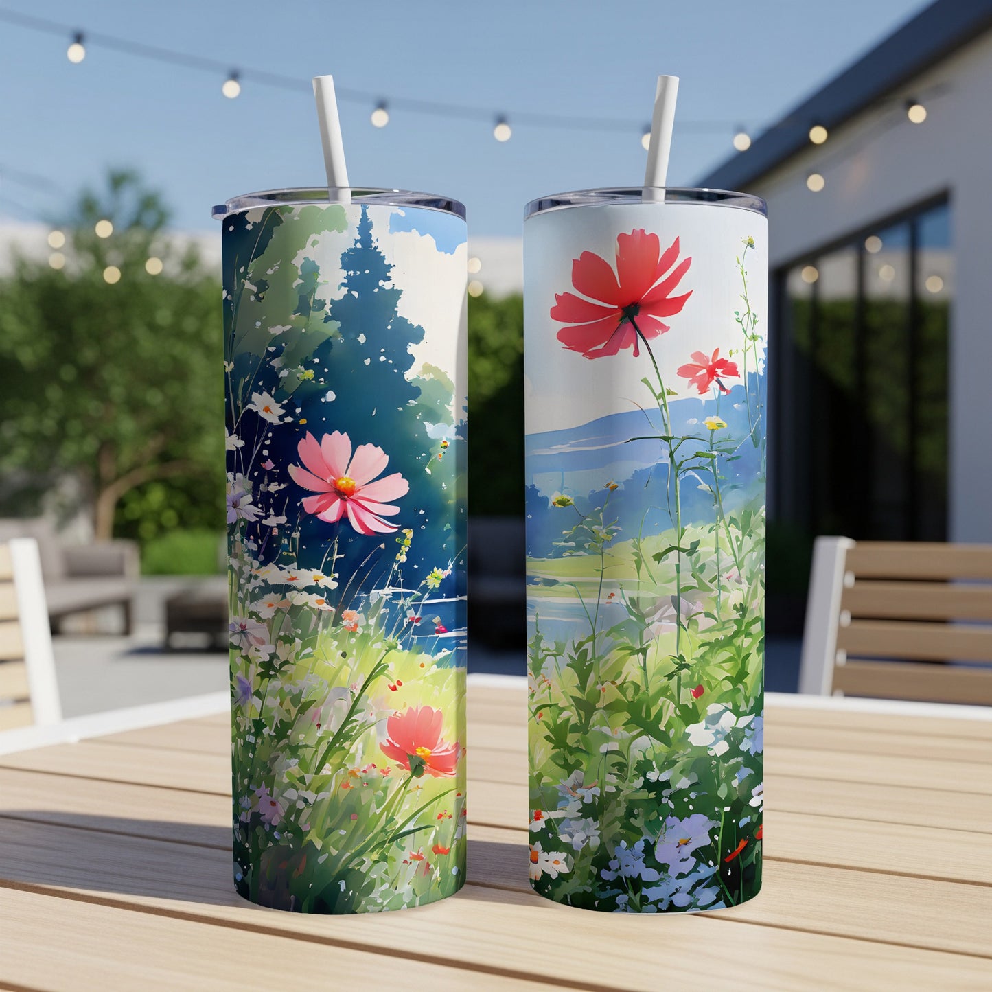 Two tumblers with floral watercolor designs featuring pink and red cosmos flowers.