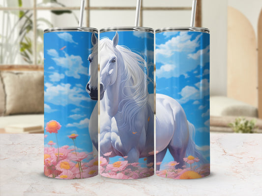White horse with pink flowers and blue sky design on three tumblers.