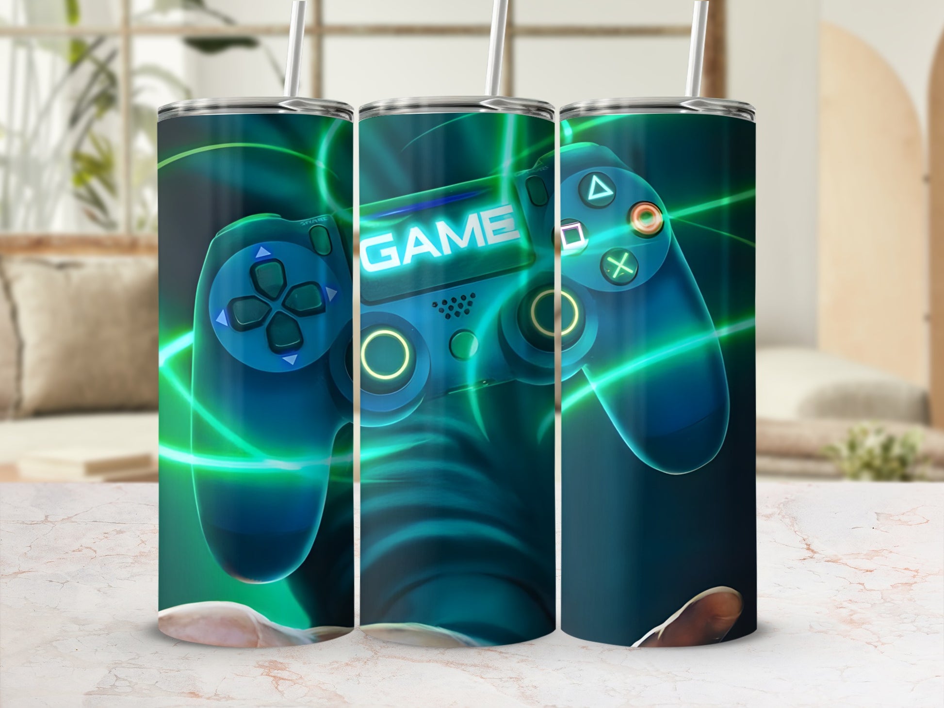 Three blue gaming controllers with "GAME" text and green light trails.