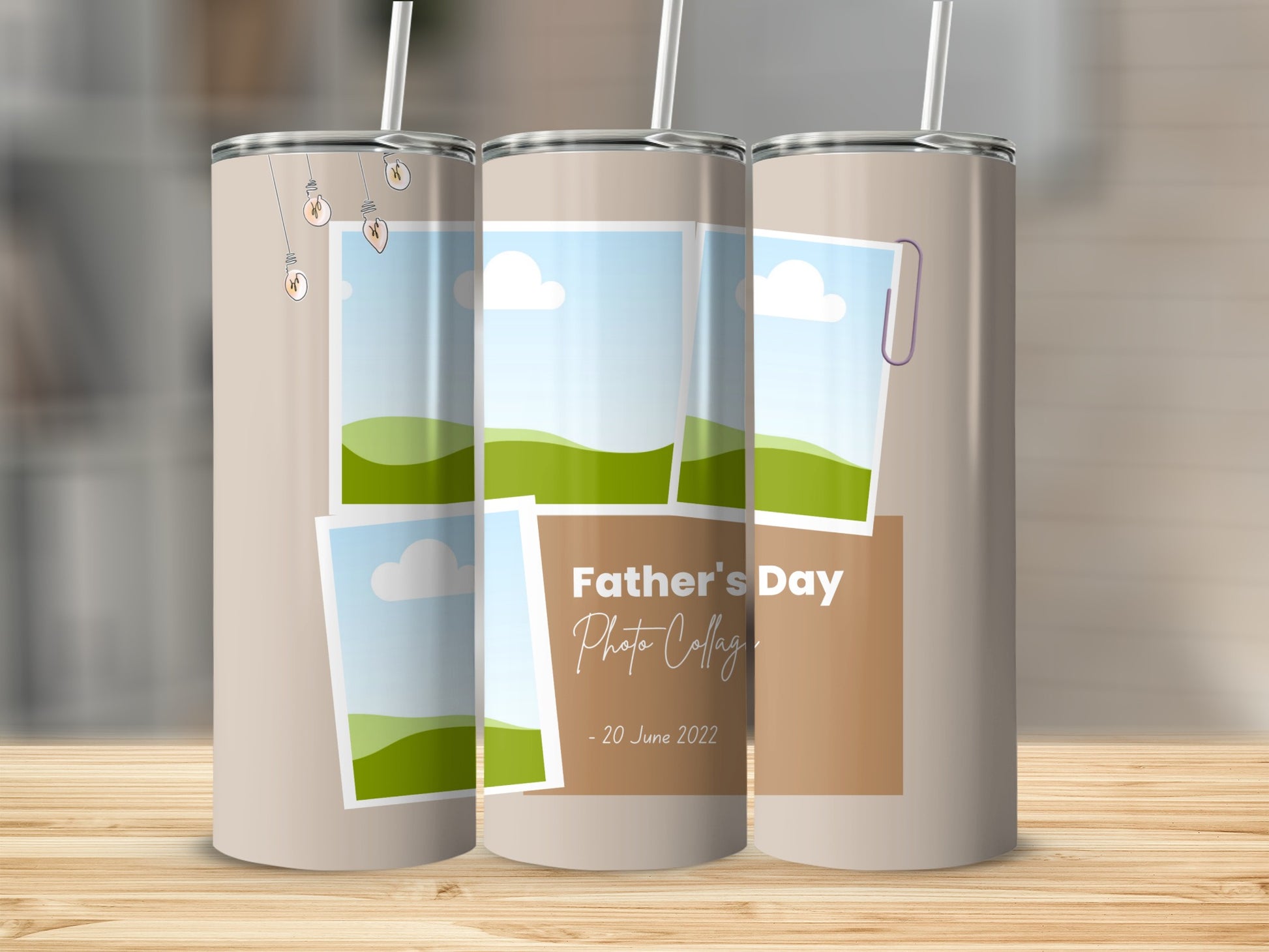 Lightweight tumbler with Father's Day photo collage design and date.