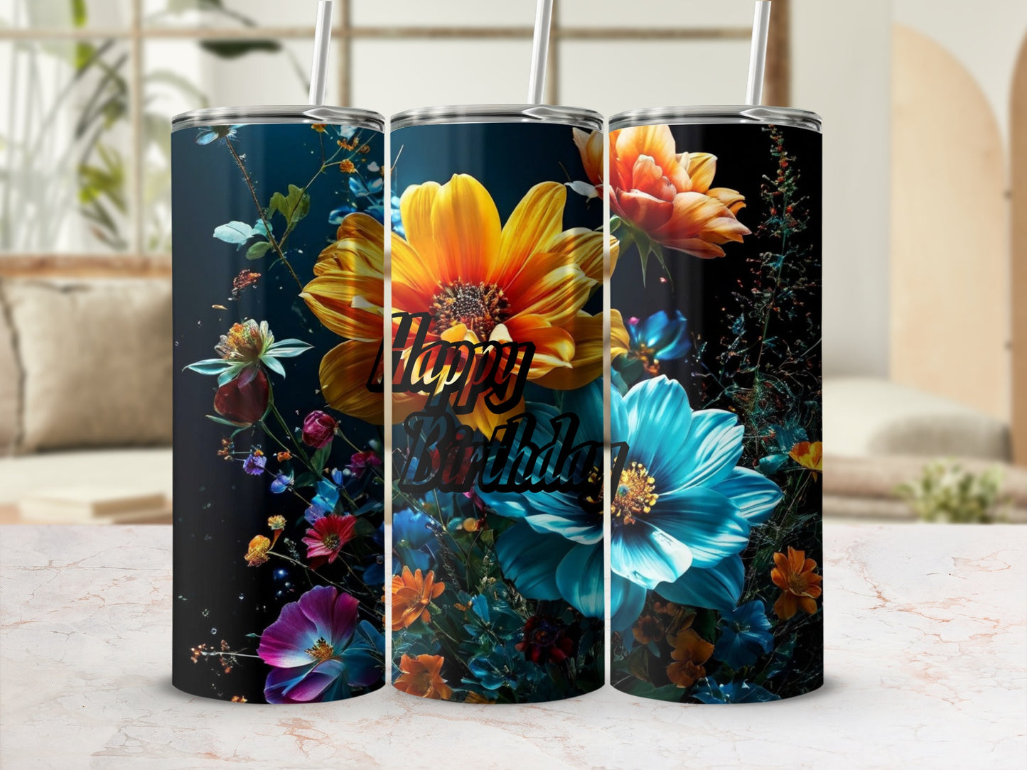 Happy Birthday tumbler with vibrant floral design and straw.