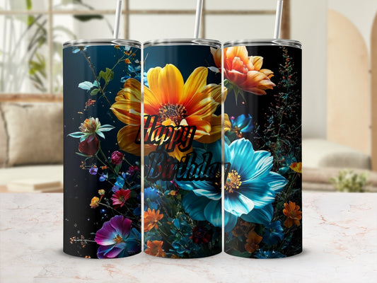 Happy Birthday tumbler with vibrant floral design and straw.