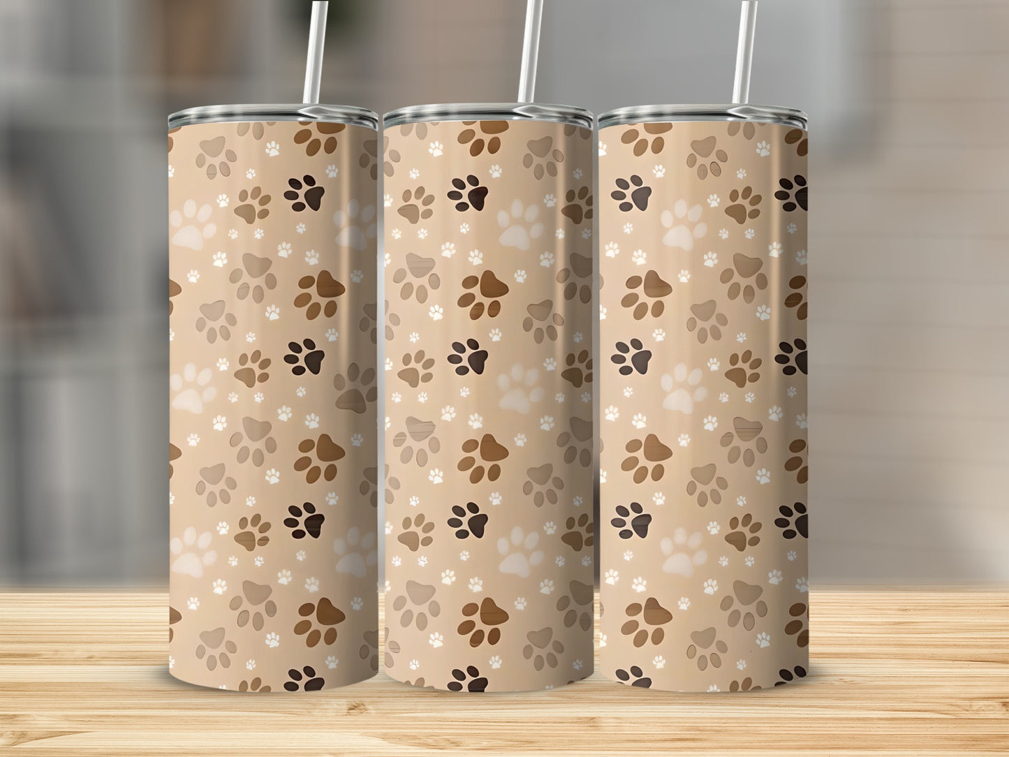 Paw Print Beige Background Tumbler With Straw Drinkware